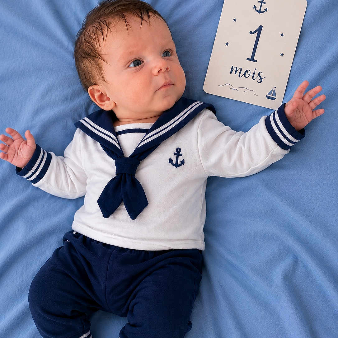 ëlio participe au concours pour gagner de l'argent avec cette photo : baby, infant, blue_blanket, milestone_card, clothing, navy_outfit, sailor_style, face, hands, feet, cute, child, portrait, lying_down, soft_texture, indoor, newborn, one_month, person, baby_clothes