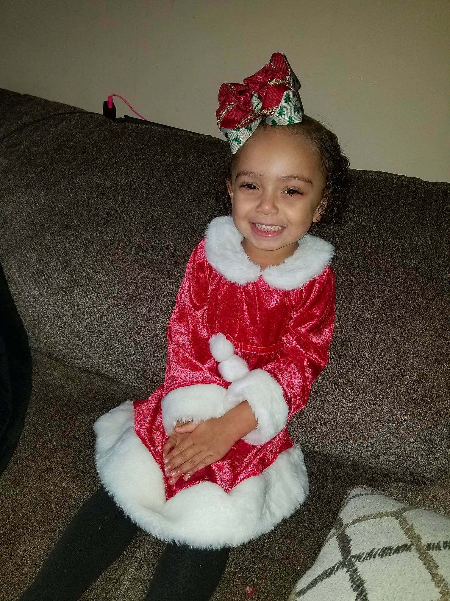 Alexianna joined the competition — help win amazing prizes! child, christmas, costume, day, fun, girl, headgear, holiday, infant, joy, lap, person, product, red, sitting, skin, textile, toddler