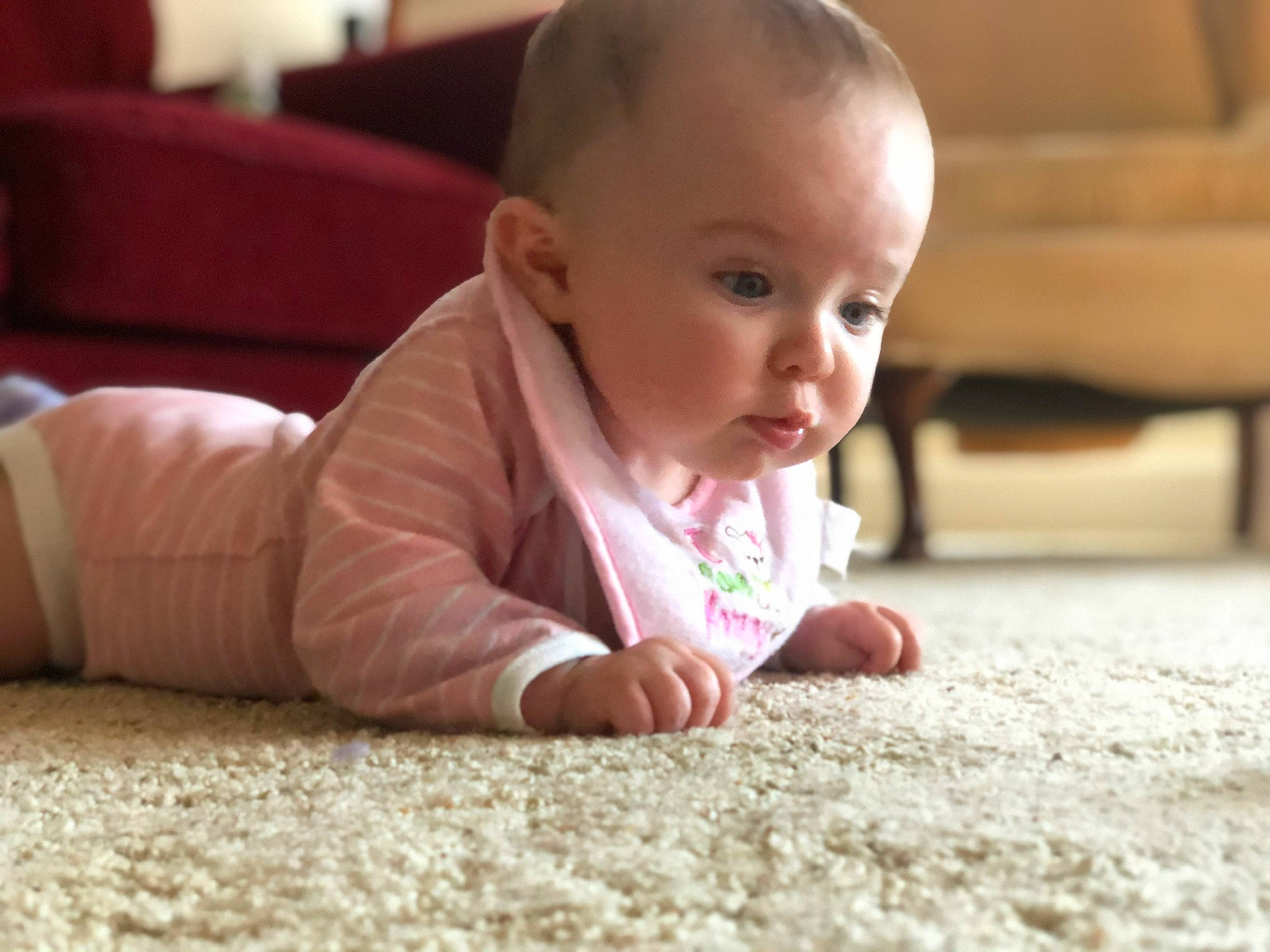 Allyson joined the competition — help win amazing prizes! baby, cheek, child, crawling, face, floor, flooring, head, nose, person, play, room, sitting, skin, smile, toddler, tummy_time