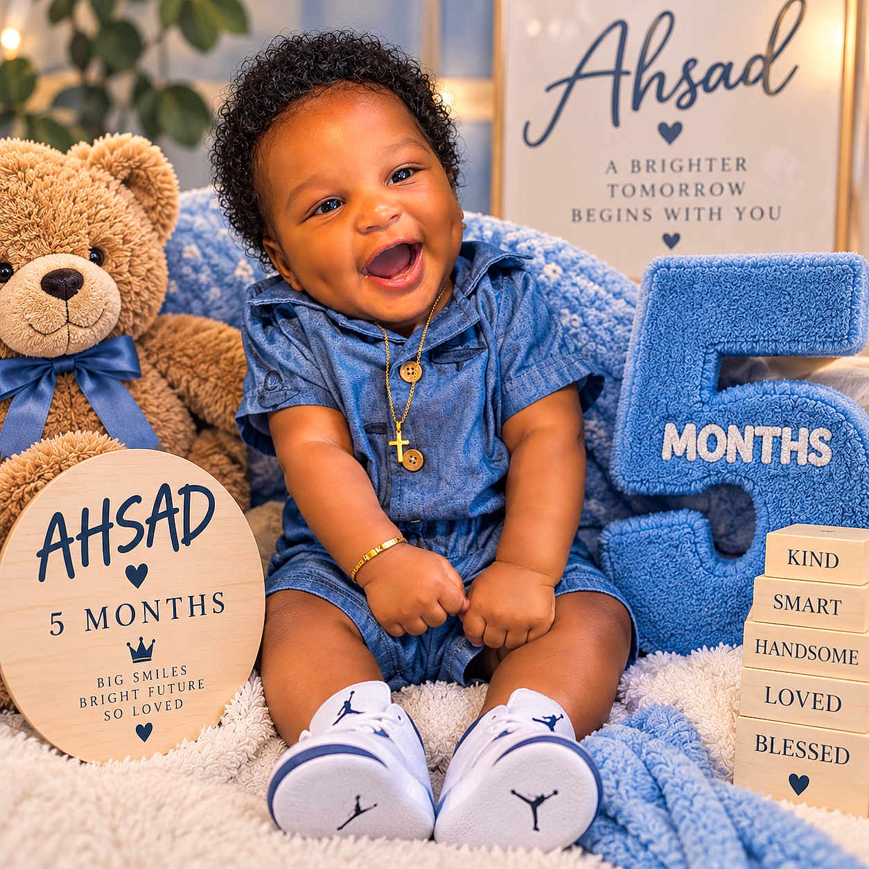 Ahsad joined the competition — help win amazing prizes! baby, infant, child, smiling, laughing, portrait, curly_hair, blue_outfit, sitting, teddy_bear, stuffed_animal, blanket, cozy, milestone_photo, five_months, shoes, necklace, bracelet, wooden_sign, indoor