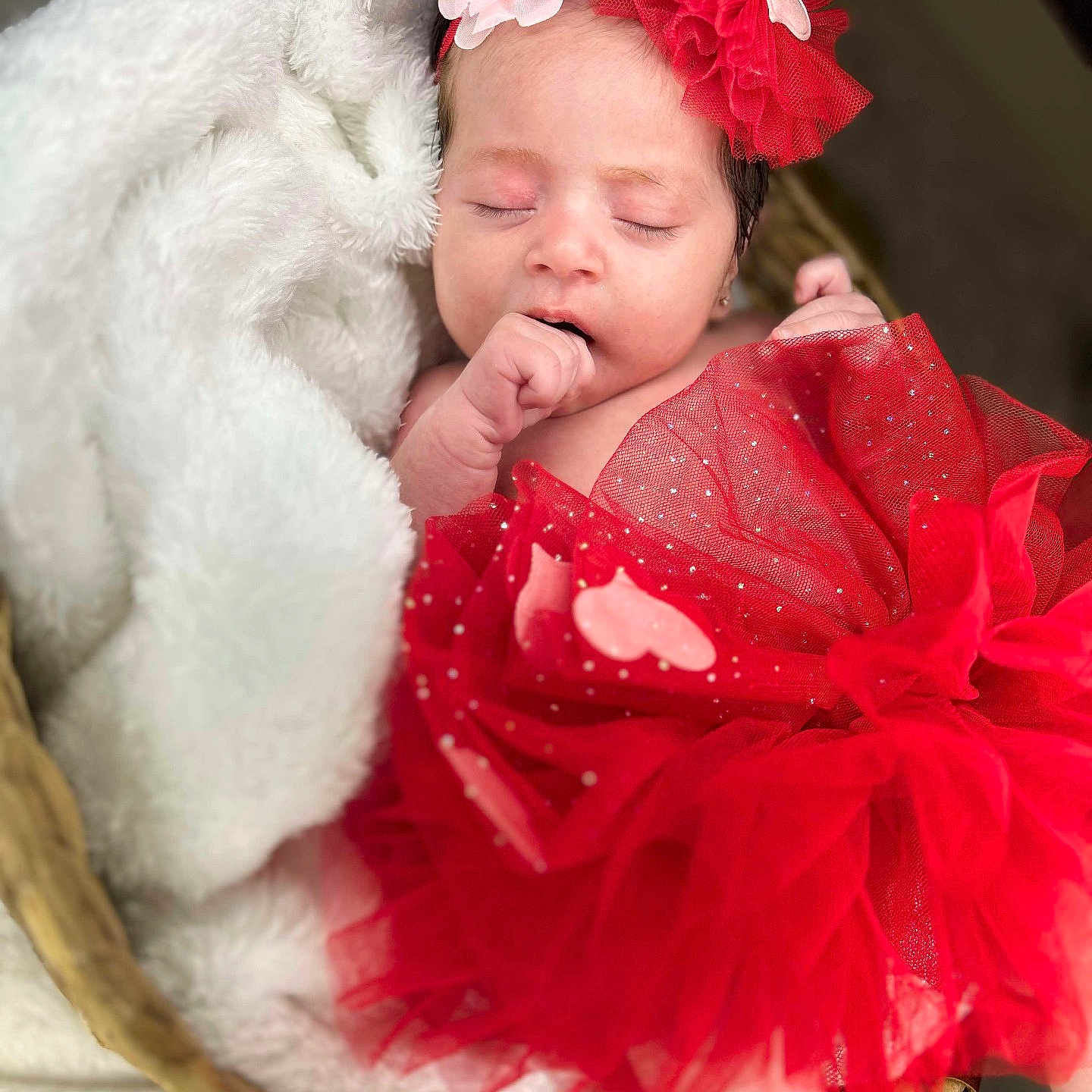 Shaniyah Avangelina is registered to the contest to win money with this photo: adorable, baby, basket, blanket, child, clothing, cozy, cute, flower, headband, infant, newborn, peaceful, portrait, red_dress, resting, sleeping, soft_texture, tutu, wrapped