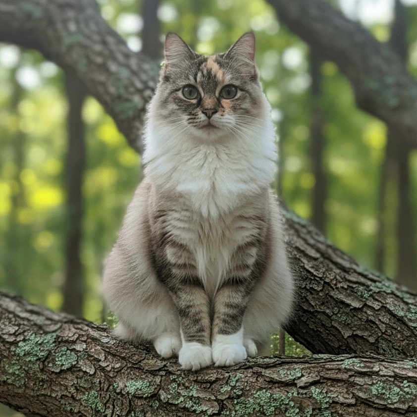 Mystery joined the competition — help win amazing prizes! cat, animal, tree_branch, forest, nature, fluffy, outdoor, wildlife, moss, feline, pet, whiskers, sitting, alert, greenery, woodland, fur, cute, daylight, majestic