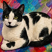 Star is registered to the contest to win money with this photo: cat, black_and_white, animal, pet, feline, yellow_eyes, sitting, colorful_background, texture, curious, whiskers, ears, tail, close_up, portrait, indoor, soft_fur, resting, vibrant, artistic