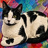 cat, black_and_white, animal, pet, feline, yellow_eyes, sitting, colorful_background, texture, curious, whiskers, ears, tail, close_up, portrait, indoor, soft_fur, resting, vibrant, artistic