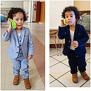 Joab a rejoint le concours — aidez-le/la à gagner de superbes lots ! child, toddler, boy, curly_hair, suit, toy_phone, indoor, floor, shoes, standing, serious_expression, brown_shoes, blue_suit, grey_suit, casual, furniture, backpack, tile_floor, phone_call, cute