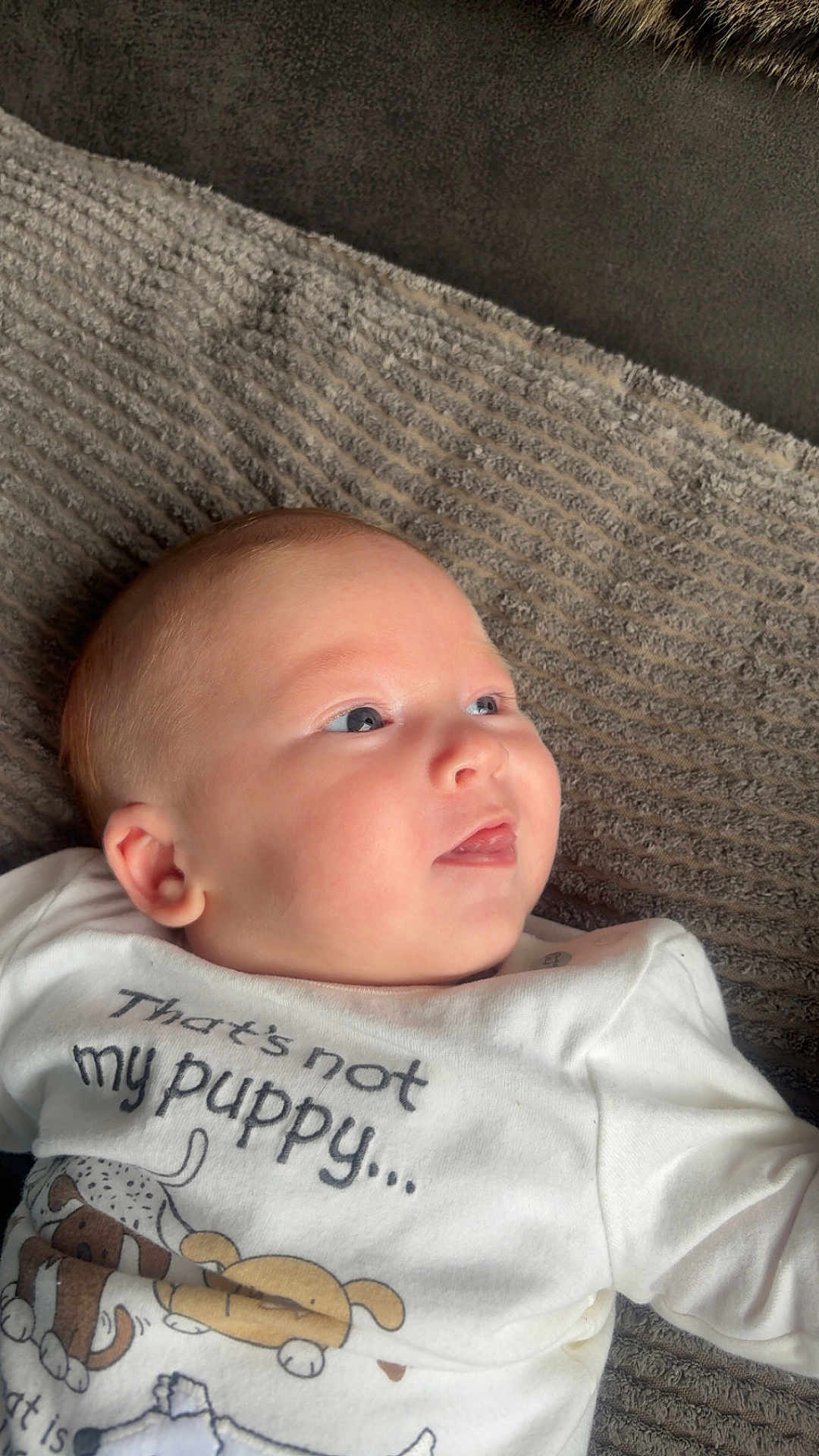 Tjay joined the competition — help win amazing prizes! baby, infant, child, face, person, clothing, white_shirt, dog_illustration, text_on_clothing, blanket, texture, laying_down, cute, soft_lighting, indoors, expression, curious, skin, head, ear