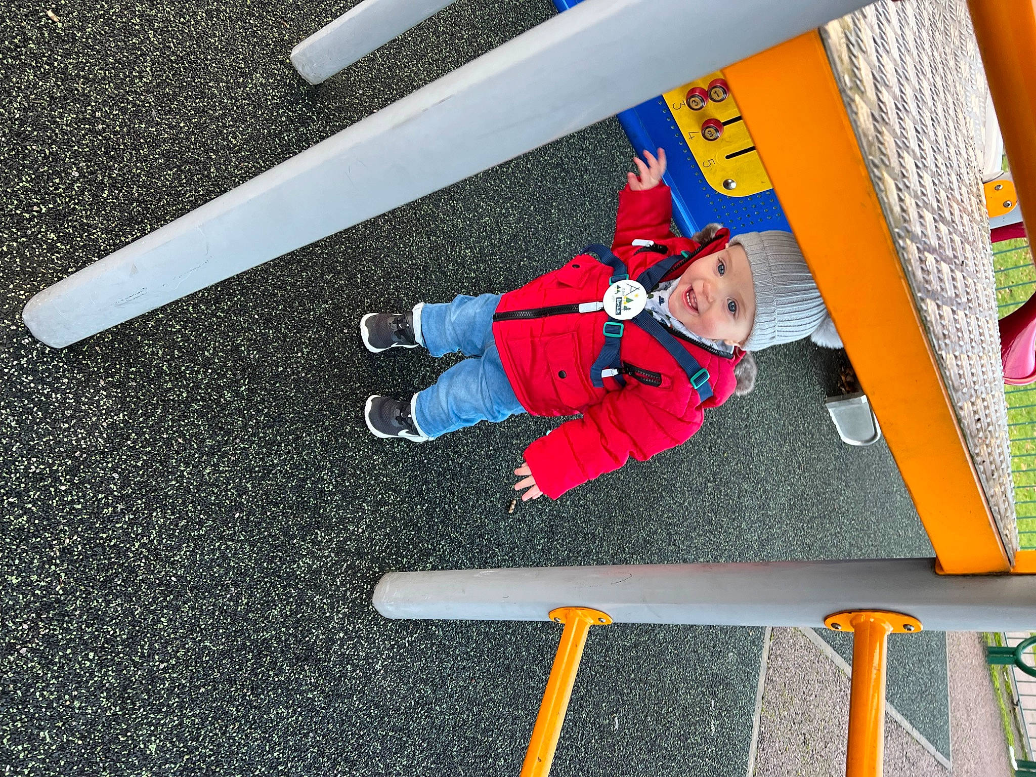 Archie is registered to the contest to win money with this photo: asphalt, balance, carmine, child, electric_blue, fun, headwear, joy, leisure, line, person, play, recreation, road_surface, tar, toddler