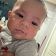 Adrian is registered to the contest to win money with this photo: baby, infant, face, closeup, expression, hand, clothing, indoor, kitchen, chandelier, person, young_child, cute, skin, hair, shirt, red_arrow, drool, holding, background