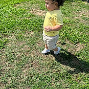 Adrian is registered to the contest to win money with this photo: casual_clothing, child, curly_hair, daytime, grass, greenery, nature, outdoor, person, play, shadow, shorts, side_view, summer, sunlight, toddler, walking, white_shoes, yard, yellow_shirt
