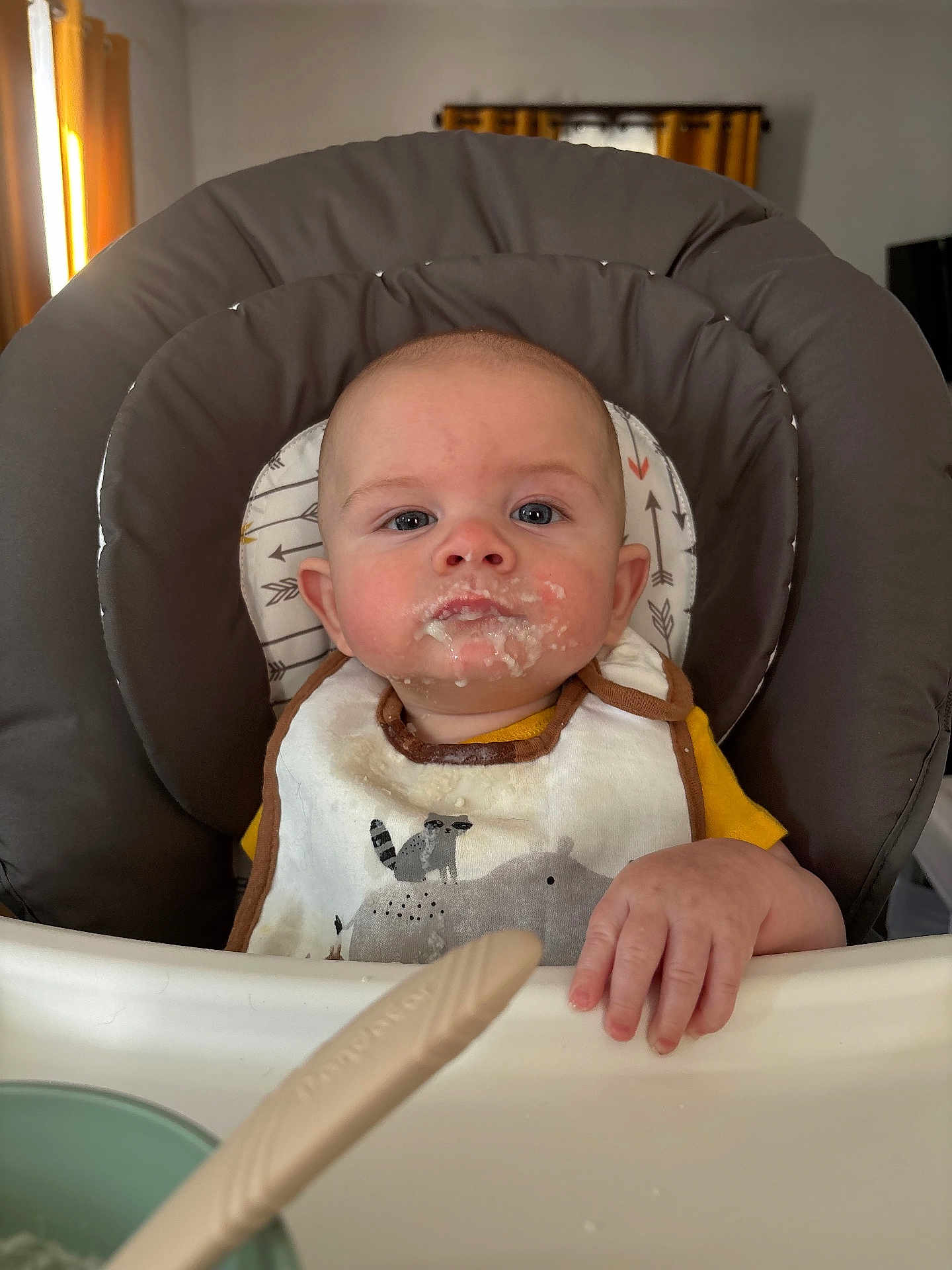 Derecho joined the competition — help win amazing prizes! baby, high_chair, bib, food, messy, feeding, indoor, child, face, hand, spoon, table, person, cute, young_child, expression, curious, infant, dining, meal_time