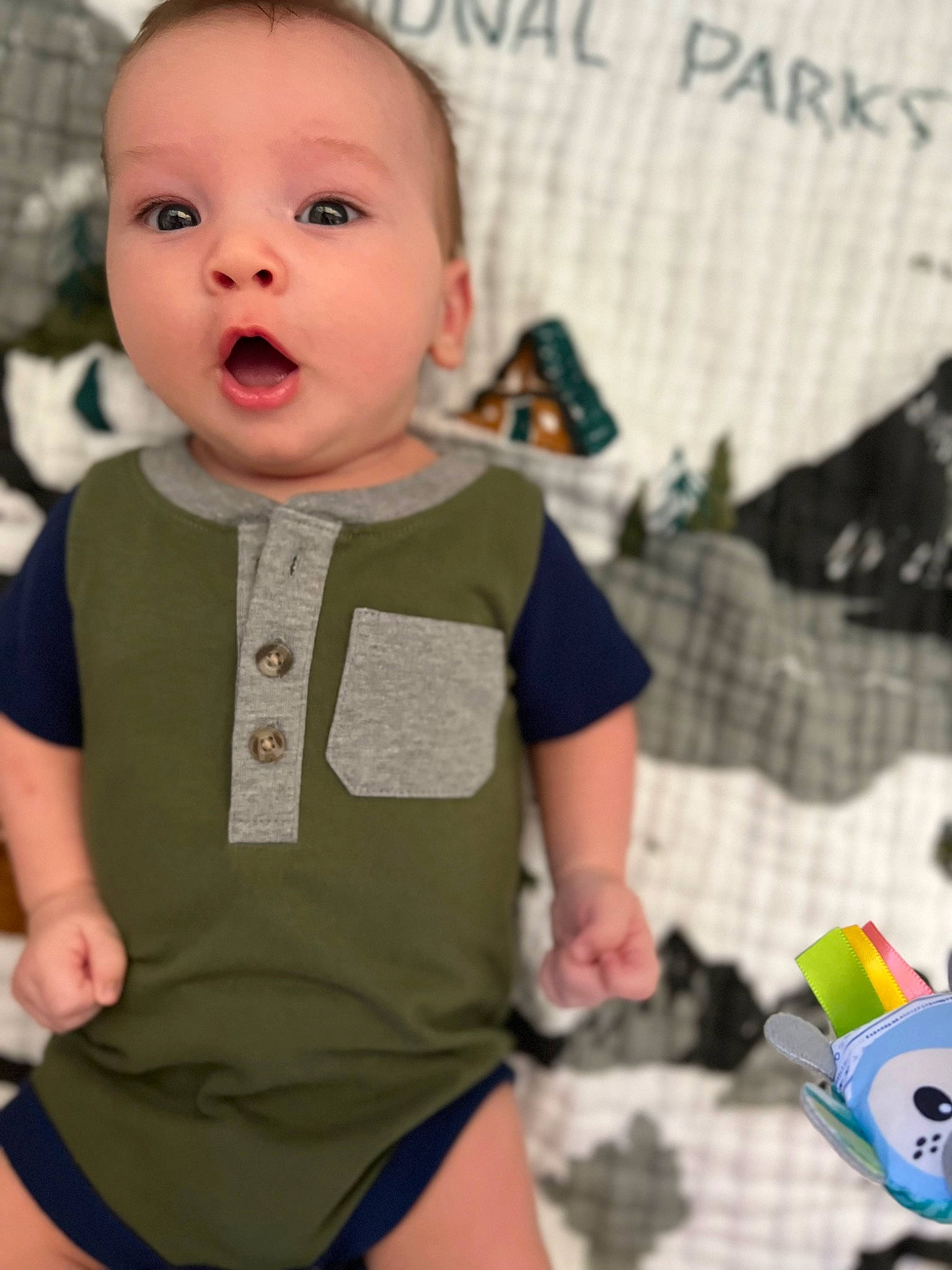 Owen joined the competition — help win amazing prizes! baby, baby_toddler_clothing, blond, blue, cheek, child, fun, happy, human, pattern, person, product, skin, sleeve, snapshot, sportswear, surprise, t_shirt, textile, toddler