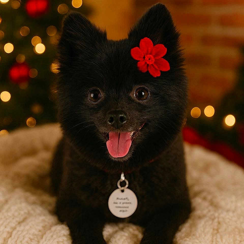 Allie Mae is registered to the contest to win money with this photo: animal, black_dog, bokeh, christmas_tree, close_up, collar, cozy, cute, dog, festive, flower, fur, holiday, indoor, knitted_blanket, pet, portrait, red_flower, smiling, tongue_out