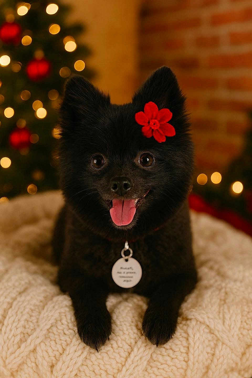 Allie Mae is registered to the contest to win money with this photo: dog, black_dog, flower, red_flower, pet, portrait, close_up, knitted_blanket, cozy, holiday, christmas_tree, bokeh, indoor, cute, smiling, tongue_out, animal, fur, collar, festive