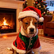 Cookie joined the competition — help win amazing prizes! carpet, christmas, christmas_tree, costume, cute, decorations, dog, festive, fireplace, fur, green, holiday, holiday_season, indoor, living_room, pet, puppy, red, santa_hat, warm_lighting