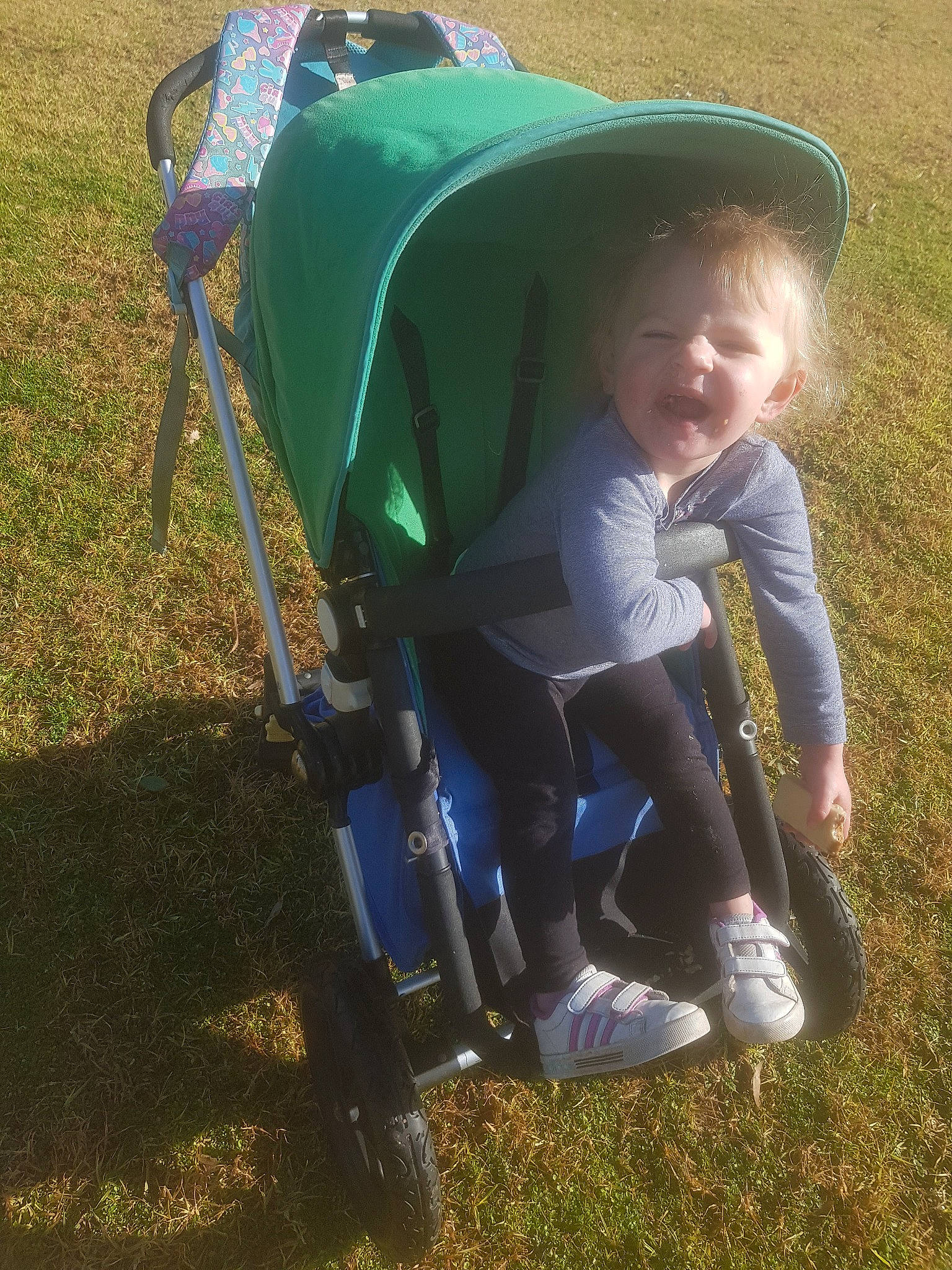 Indy is registered to the contest to win money with this photo: baby, baby_carriage, baby_products, child, fun, grass, lawn, person, plant, play, product, toddler, tree, vehicle