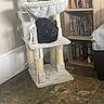 black_cat, cat_tree, cat, furniture, sitting, indoor, shelf, dvd, floor, tile_floor, wooden_shelf, pet_toy, scratching_post, cozy, relaxed, home_interior, animal, pet, domestic_cat, resting