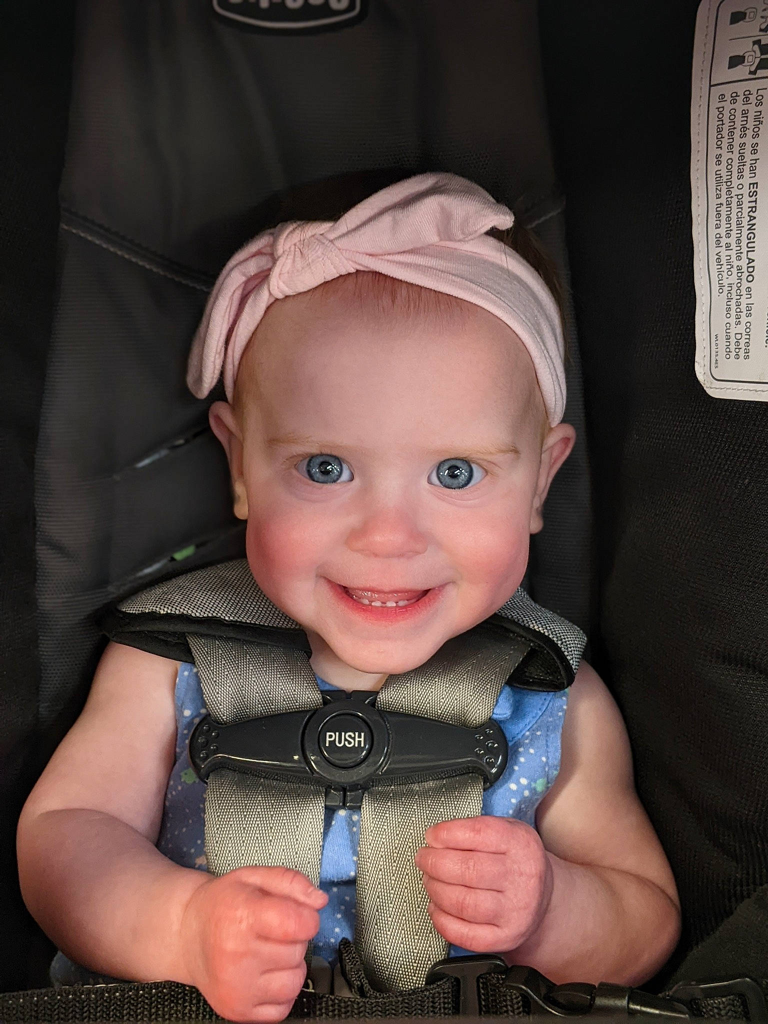 Ruby is registered to the contest to win money with this photo: baby, baby_carriage, baby_products, baby_toddler_clothing, baseball_cap, cap, cheek, child, electric_blue, fashion_accessory, finger, flash_photography, happy, iris, joy, nail, person, skin, sleeve, smile