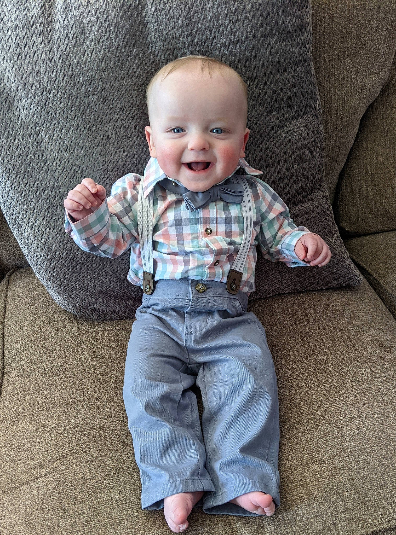 Oliver joined the competition — help win amazing prizes! baby, baby_toddler_clothing, collar, comfort, denim, dress_shirt, eye, facial_expression, grey, happy, head, joy, outerwear, pattern, person, sitting, skin, sleeve, smile, t_shirt