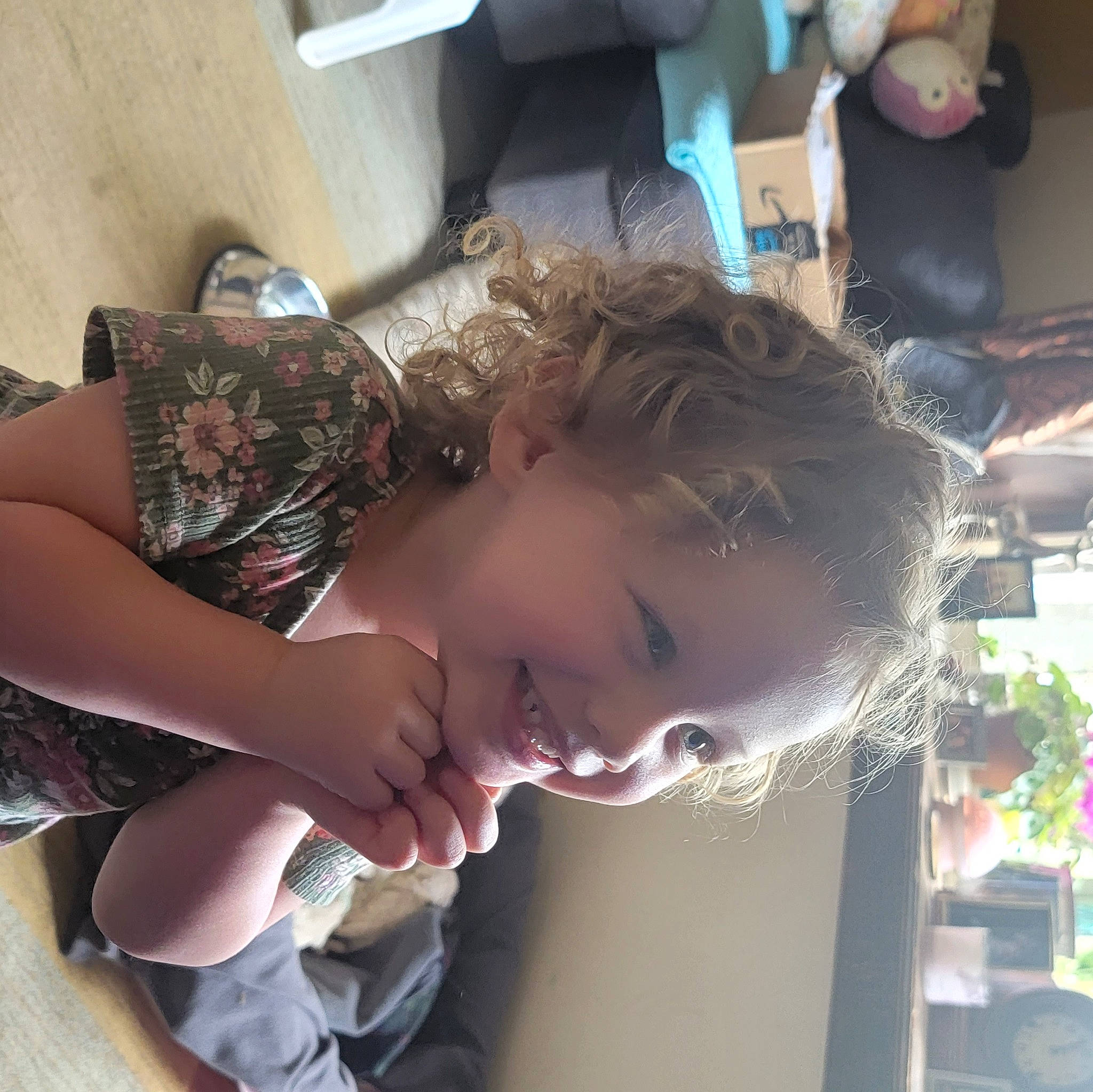 Leighton is registered to the contest to win money with this photo: bangs, child, cool, ear, elbow, eyelash, fun, hair_care, hair_coloring, happy, human_leg, jaw, joy, long_hair, neck, person, plant, room, sitting, smile