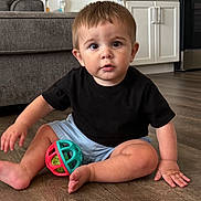 Luka is registered to the contest to win money with this photo: toddler, child, baby, indoor, floor, toy, ball, black_shirt, blue_shorts, barefoot, living_room, couch, kitchen, cabinet, wooden_floor, curious, sitting, person, home, cute