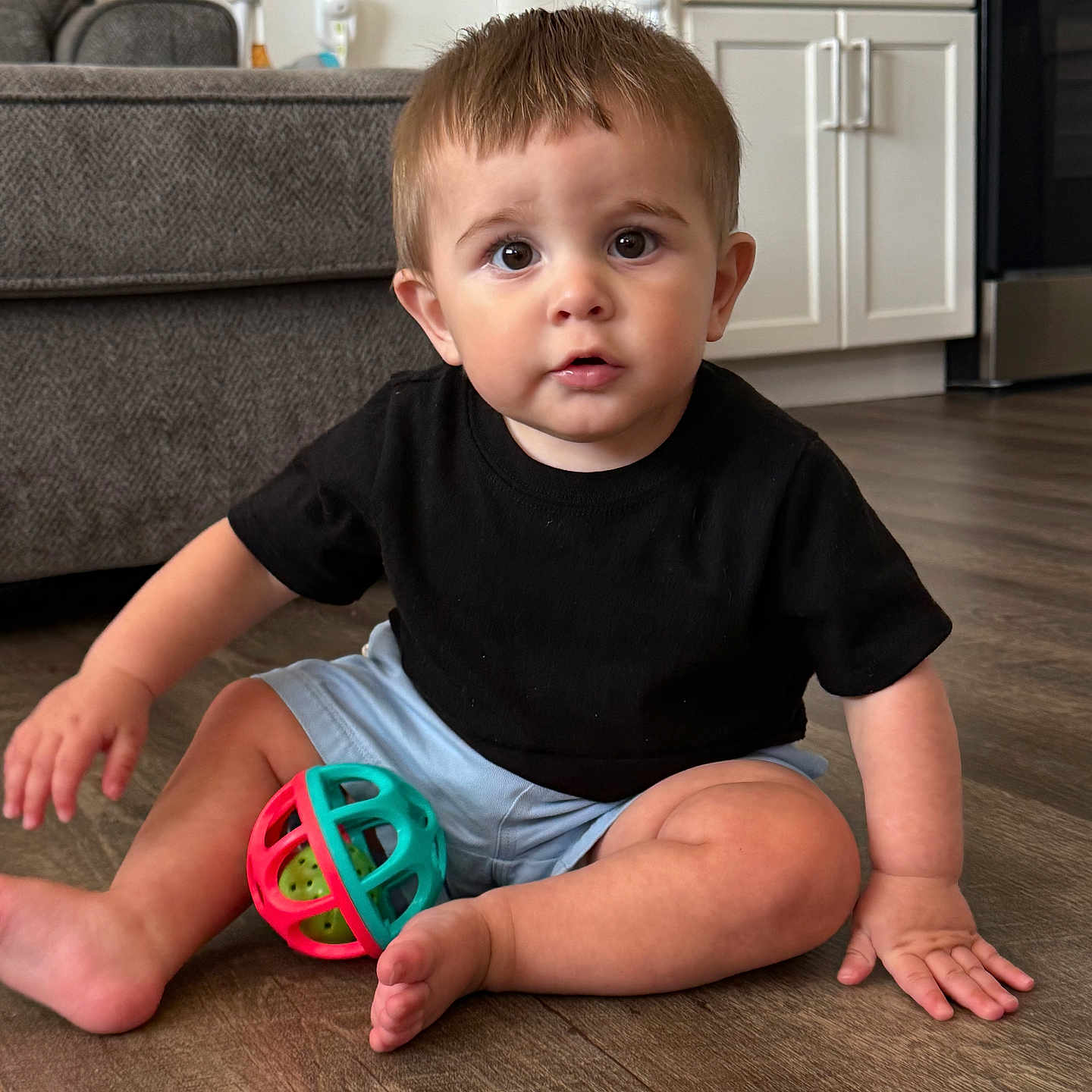 Luka is registered to the contest to win money with this photo: baby, ball, barefoot, black_shirt, blue_shorts, cabinet, child, couch, curious, cute, floor, home, indoor, kitchen, living_room, person, sitting, toddler, toy, wooden_floor
