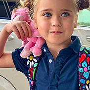 Megan is registered to the contest to win money with this photo: child, girl, pigtails, plush_toy, backpack, polo_shirt, portrait, closeup, blue_eyes, smile, hand, car_door, window, passenger, hair, childhood, candid, colorful_pattern, stuffed_animal, toy