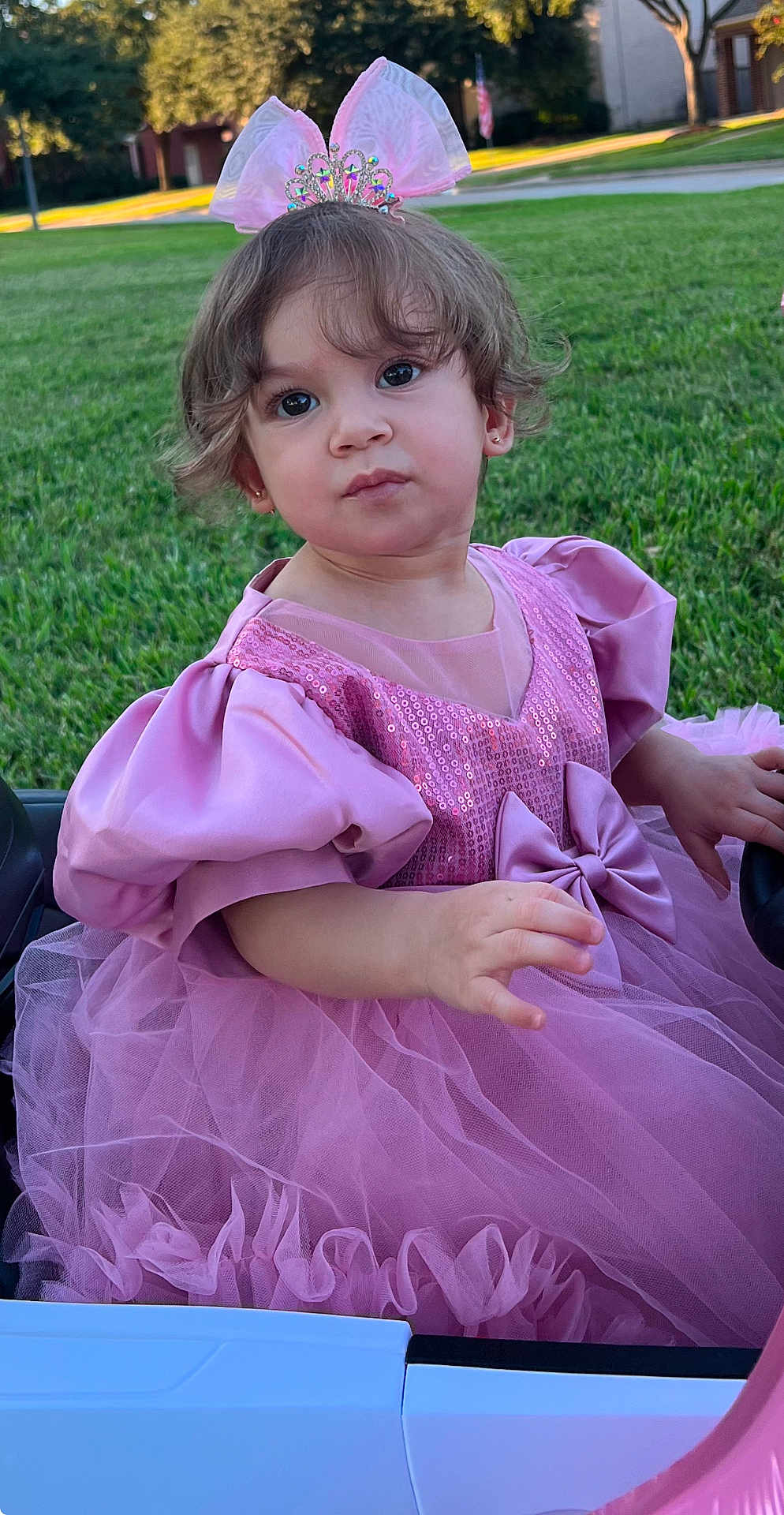 ángeles is registered to the contest to win money with this photo: toddler, child, pink_dress, princess, bow_headband, outdoor, grass, toy_car, curly_hair, portrait, cute, young_child, sunlight, play, seated, fashion, sparkles, puffy_sleeves, nature, small_person