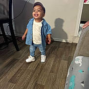 Tyler Ramirez joined the competition — help win amazing prizes! toddler, child, indoor, floor, denim_jacket, cap, white_shoes, basketball, wooden_floor, smiling, motion_blur, happy, person, home, furniture, shadow, wall, doorway, casual_clothing, cute