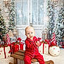 Tommy joined the competition — help win amazing prizes! baby, child, red_pajamas, sled, wooden_sled, christmas, holiday, presents, gifts, snow, winter, decorations, pine_tree, lantern, window, indoor, festive, smiling, cute, cozy
