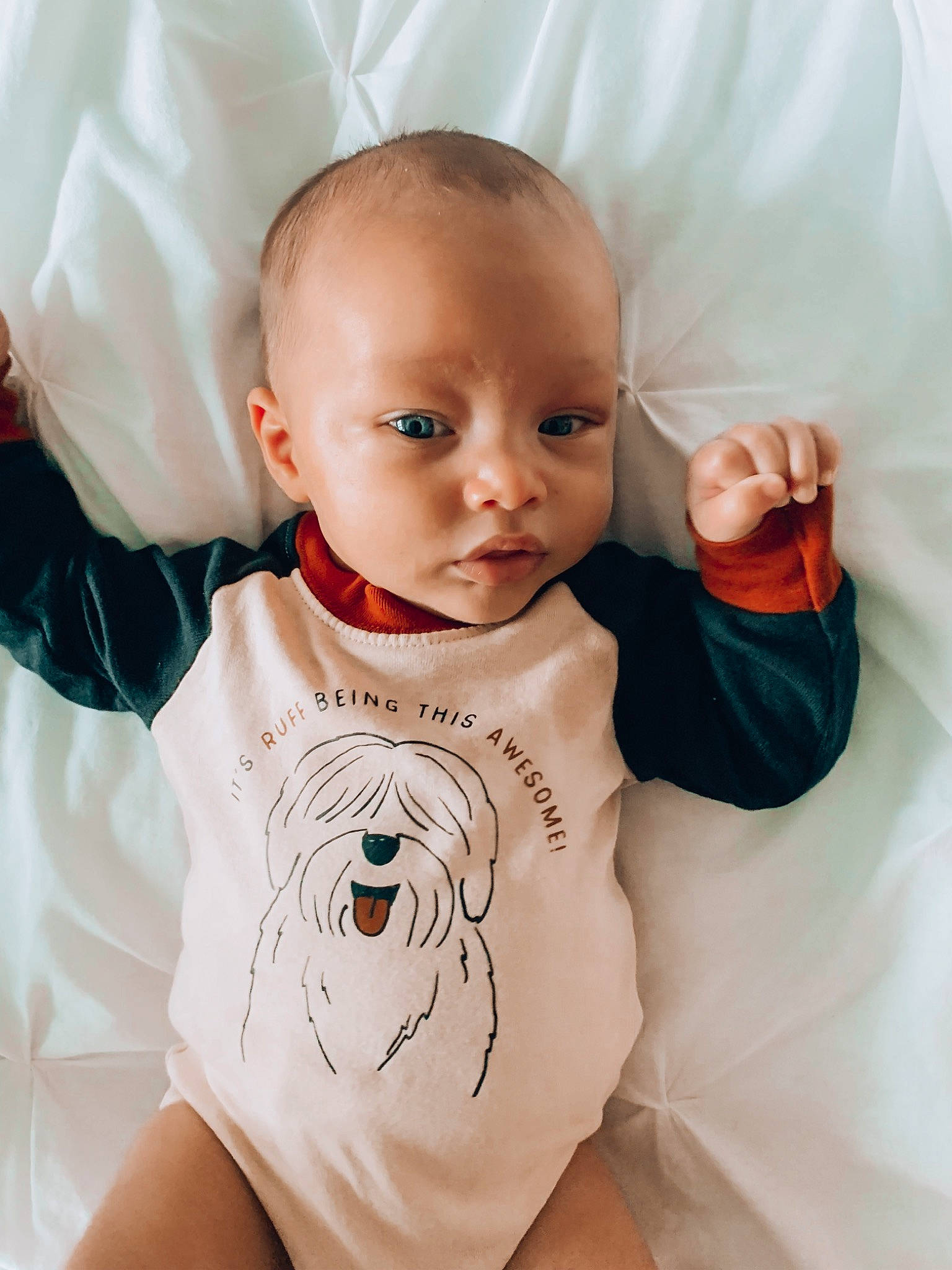Camden is registered to the contest to win money with this photo: baby, baby_toddler_clothing, cheek, chin, comfort, eye, finger, gesture, happy, head, human_body, joint, lip, person, product, skin, sleeve, t_shirt, textile, toddler