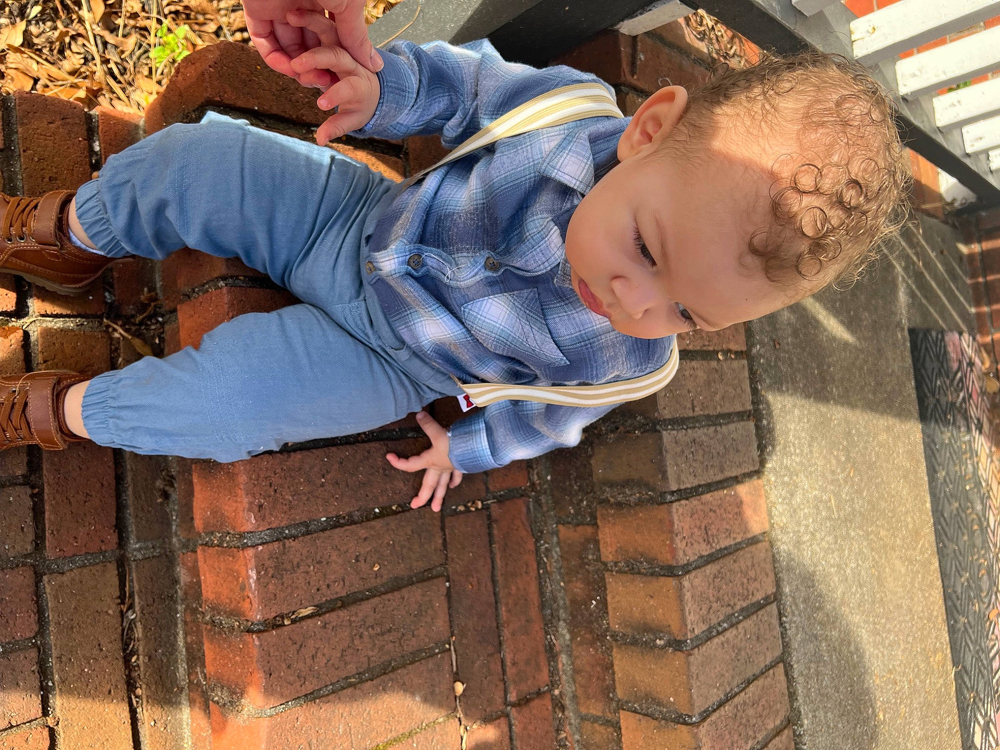 Marcellus is registered to the contest to win money with this photo: baby, child, denim, face, flooring, foot, fun, jeans, leg, leisure, person, plant, sitting, toddler, tree, wood, world