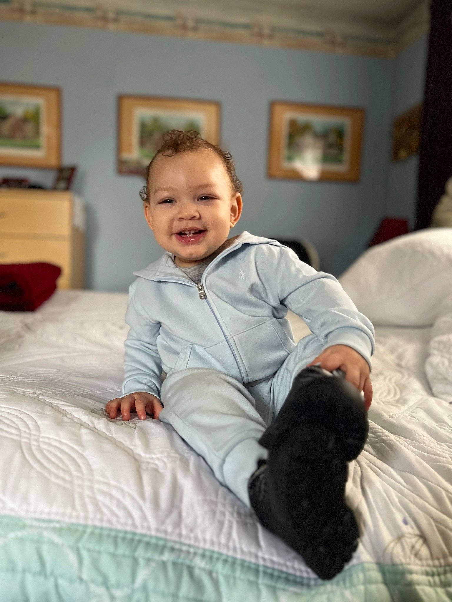 Marcellus joined the competition — help win amazing prizes! baby, baby_toddler_clothing, bedding, child, comfort, companion_dog, couch, flash_photography, floor, flooring, fun, fur, happy, joy, linens, person, picture_frame, room, sitting, sleeve