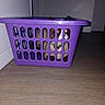 cat, animal, pet, hiding, laundry_basket, purple, indoors, floor, wooden_floor, home, basket, peeking, glowing_eyes, ears, fur, black_and_white, brown, funny, playful, photography