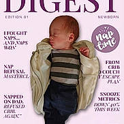 Adam is registered to the contest to win money with this photo: newborn, baby, sleeping, portrait, magazine_cover, text, typography, pink_background, jacket, striped_shirt, pants, closed_eyes, face, head, infant, couch, nap, humor, editorial_design, photography