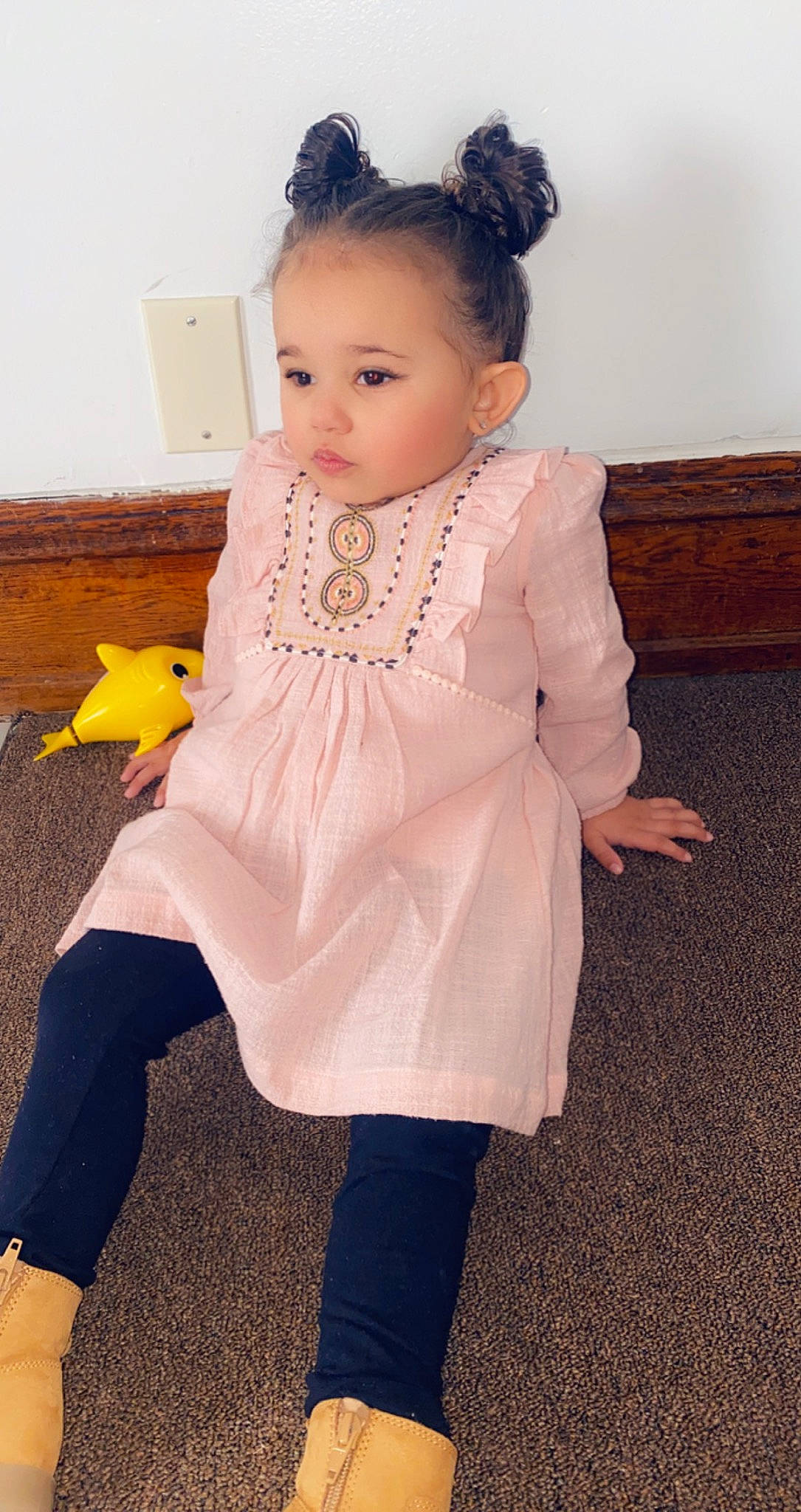 Aviana is registered to the contest to win money with this photo: baby_toddler_clothing, day_dress, dress, embellishment, eye, face, fashion_design, flooring, hair, happy, head, headgear, jewellery, knee, neck, person, skin, sleeve, standing, thigh