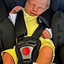 newborn, baby, car_seat, sleeping, yellow_outfit, white_socks, pacifier, infant, child, safety_harness, cute, peaceful, resting, indoor, portrait, person, small_hands, soft_skin, relaxation, toddler