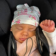 Pippa joined the competition — help win amazing prizes! baby, sleeping, infant, hat, car_seat, clothing, pink, white, black, face, hand, cute, peaceful, child, newborn, portrait, cozy, closeup, soft, resting