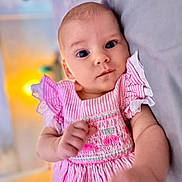 Pippa Elsie is registered to the contest to win money with this photo: baby, bed, big_eyes, child, close_up, cozy, curious, cute, embroidery, fabric, face, hand, indoors, infant, pink_dress, portrait, sleepwear, soft_lighting, striped_clothing, young_child
