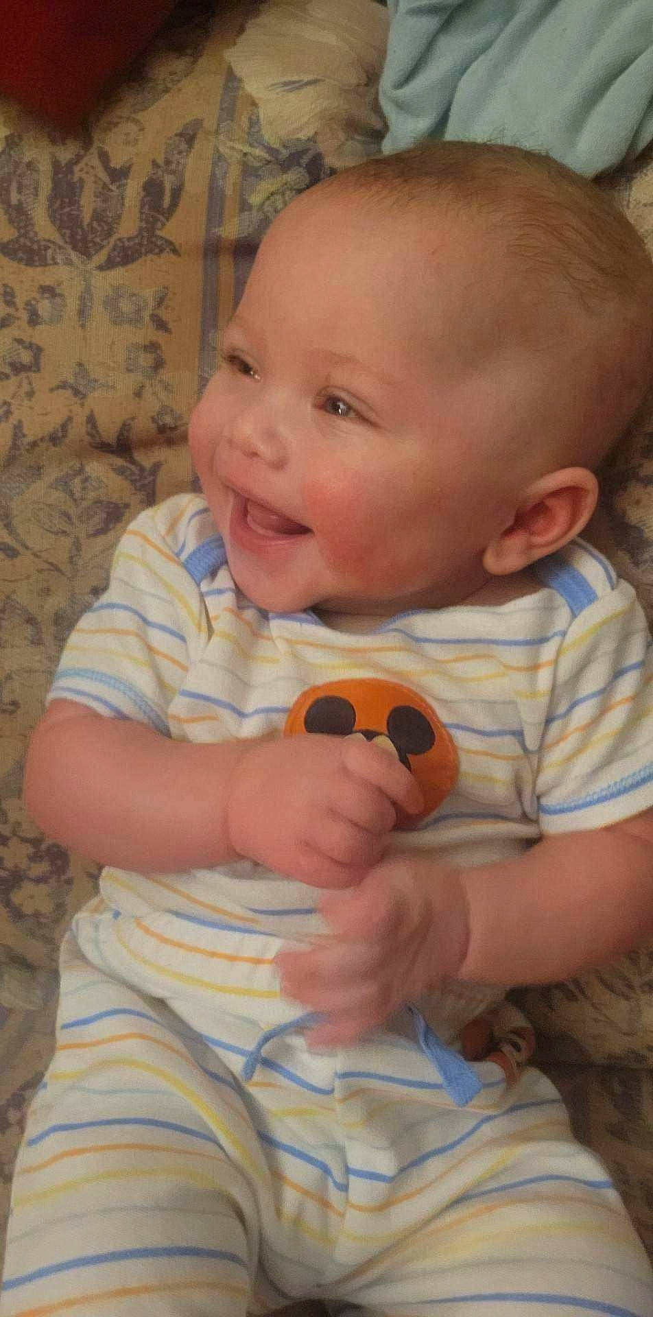 Joel joined the competition — help win amazing prizes! arm, baby, baby_toddler_clothing, cheek, chin, eye, facial_expression, finger, happy, head, iris, leaf, mouth, nose, orange, person, skin, smile, standing, toddler