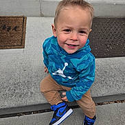 Noah is registered to the contest to win money with this photo: toddler, child, smiling, blue_hoodie, sneakers, concrete, step, outdoor, welcome_mat, casual_clothing, portrait, happy, young_child, person, sidewalk, fashion, cute, short_hair, playful, daylight