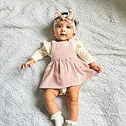Risha is registered to the contest to win money with this photo: baby, infant, child, girl, headband, bow, dress, socks, white_blanket, lying_down, cute, portrait, indoor, soft_texture, floral, clothing, person, skin, feet, hand