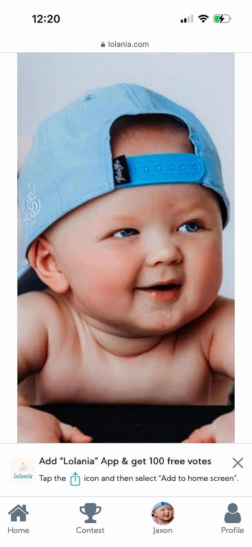 Jaxon is registered to the contest to win money with this photo: baby, child, blue_cap, drool, smile, face, headwear, cute, portrait, infant, skin, cheeks, eyes, expression, happy, young, casual, indoors, closeup, person