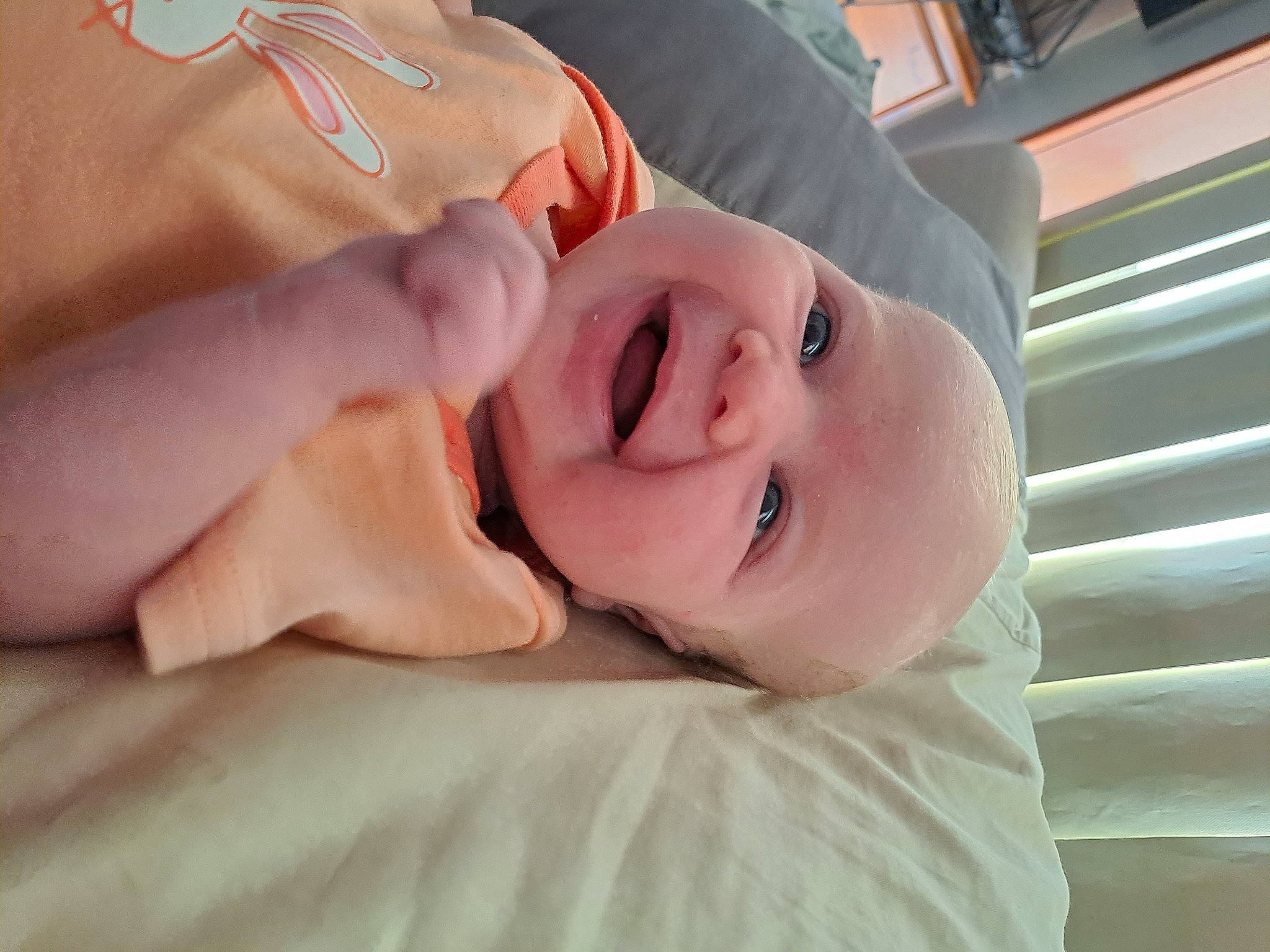Imogen joined the competition — help win amazing prizes! baby, baby_laughing, baby_products, baby_toddler_clothing, cheek, comfort, eyelash, finger, gesture, happy, hat, human_body, laugh, neck, nose, person, portrait_photography, smile, thumb, toddler