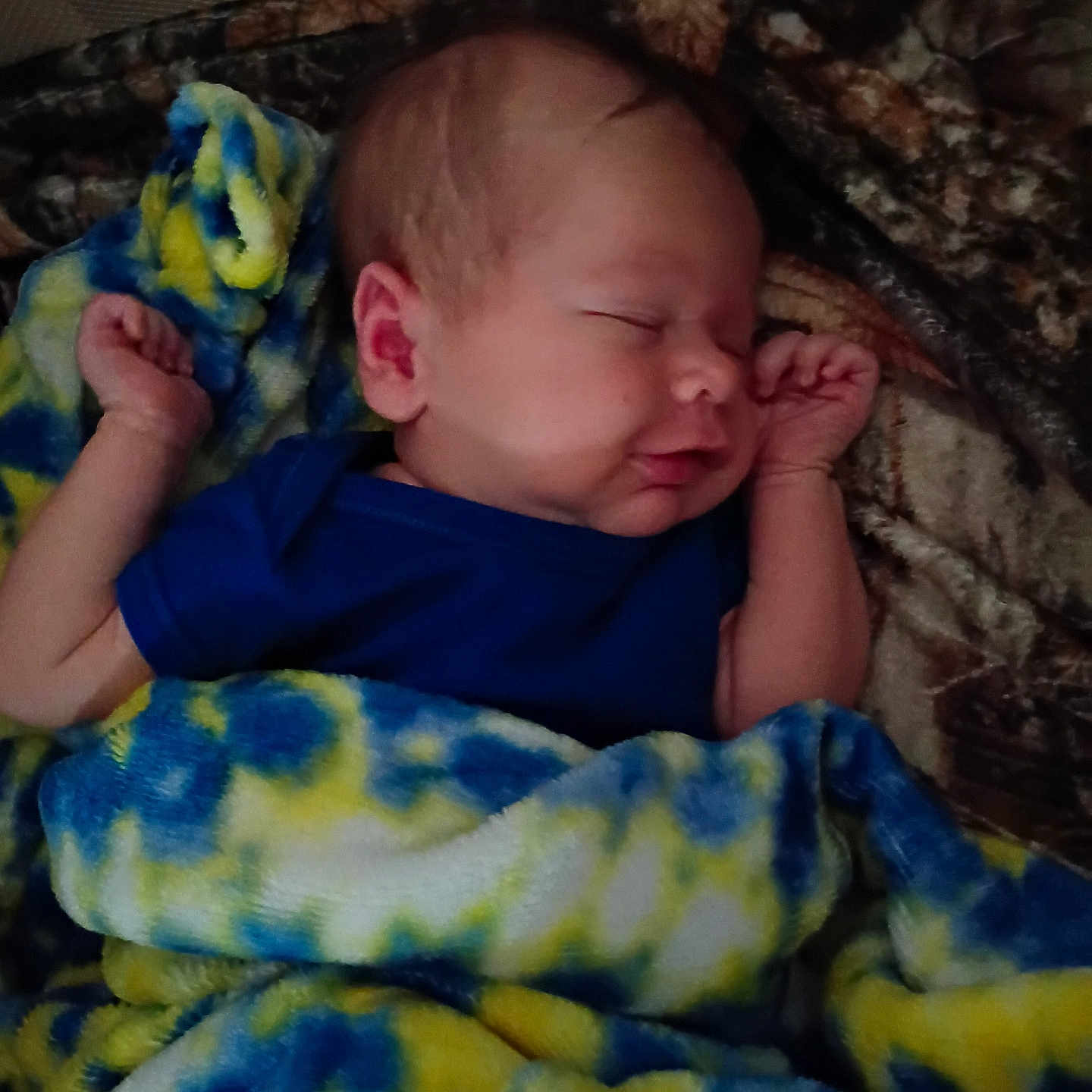 Kaiden joined the competition — help win amazing prizes! baby, newborn, sleeping, blanket, blue_clothing, cozy, infant, face, peaceful, resting, cute, soft_texture, hands, bedtime, portrait, child, indoors, warm, comfort, toddler