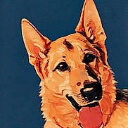 Banner joined the competition — help win amazing prizes! dog, german_shepherd, portrait, illustration, digital_art, painting, closeup, ears, tongue, fur, blue_background, pet, animal, stylized, eyes, muzzle, whiskers, headshot, warm_tones, happy_expression