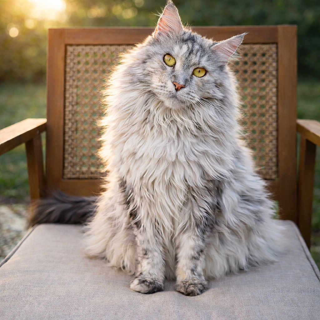 Shanel participe au concours pour gagner de l'argent avec cette photo : cat, fluffy, yellow_eyes, chair, cushion, outdoor, sunlight, portrait, pet, feline, animal, fur, relaxed, sitting, nature, wooden_chair, domestic_cat, close_up, daylight, cute