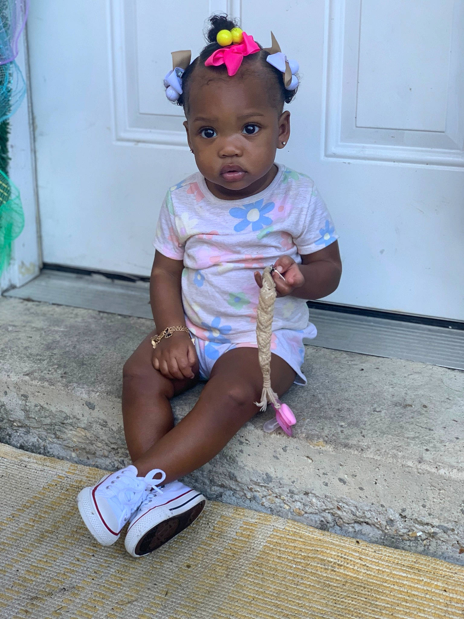Kennedi joined the competition — help win amazing prizes! baby, baby_toddler_clothing, blue, child, electric_blue, fashion_accessory, hat, human_leg, knee, magenta, pattern, person, pink, purple, shorts, sitting, sleeve, standing, thigh, toddler