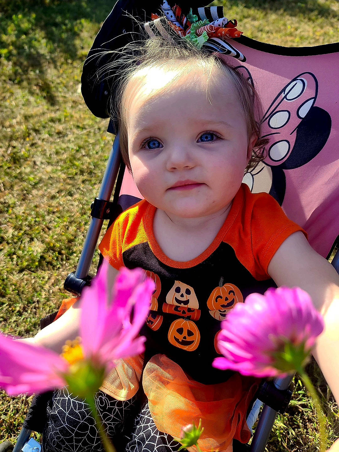 Alayna is registered to the contest to win money with this photo: baby_toddler_clothing, beauty, child, eyelash, flower, fun, grass, happy, head, headgear, headpiece, iris, magenta, people_in_nature, person, petal, photograph, pink, plant, purple