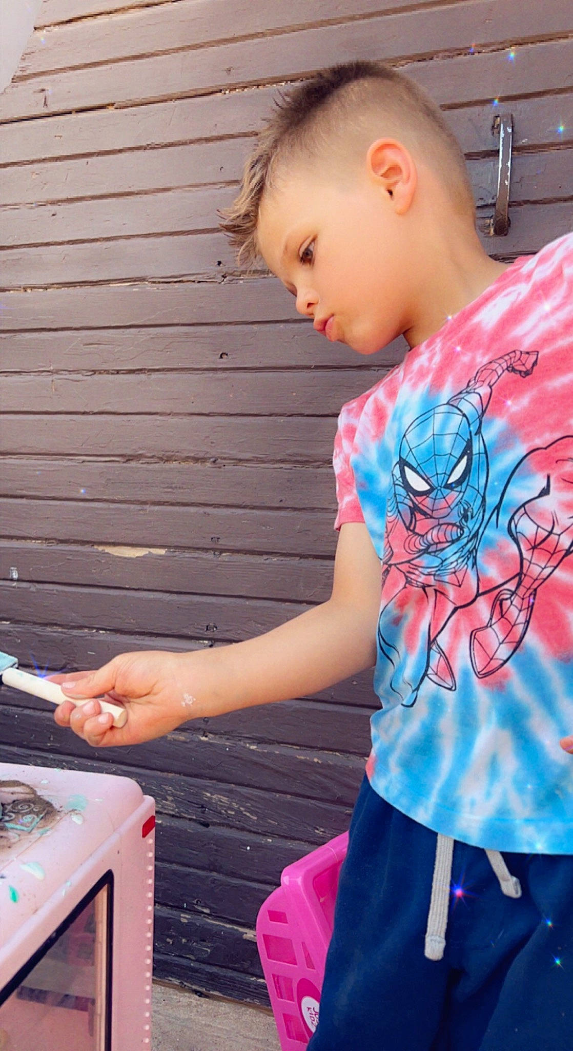 Leighton joined the competition — help win amazing prizes! beauty, blue, child, electric_blue, facial_expression, fun, hairstyle, happy, human, organ, person, photograph, pink, purple, shoulder, sleeve, standing, street_fashion, summer, t_shirt