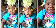 Honesty joined the competition — help win amazing prizes! toddler, child, adult, flower_headband, colorful_clothing, beaded_hair, smile, blue_shirt, patterned_pants, indoor, portrait, person, holding, happy, family, triptych, casual, young_child, cute, expression